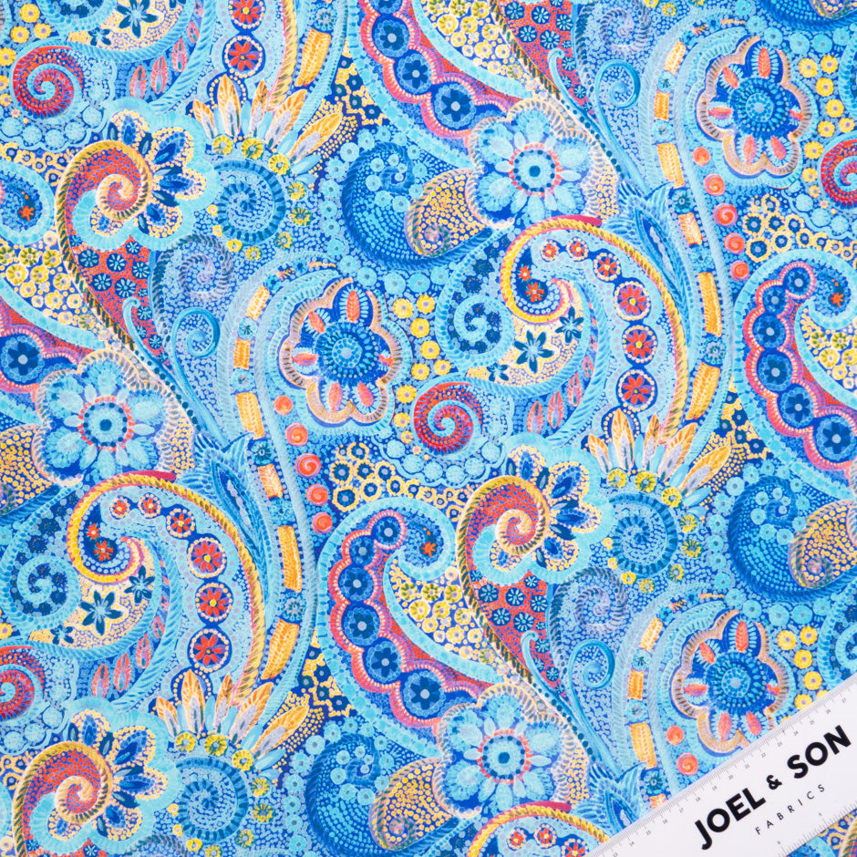 Blue Paisley & Floral Printed Silk Satin Charmeuse