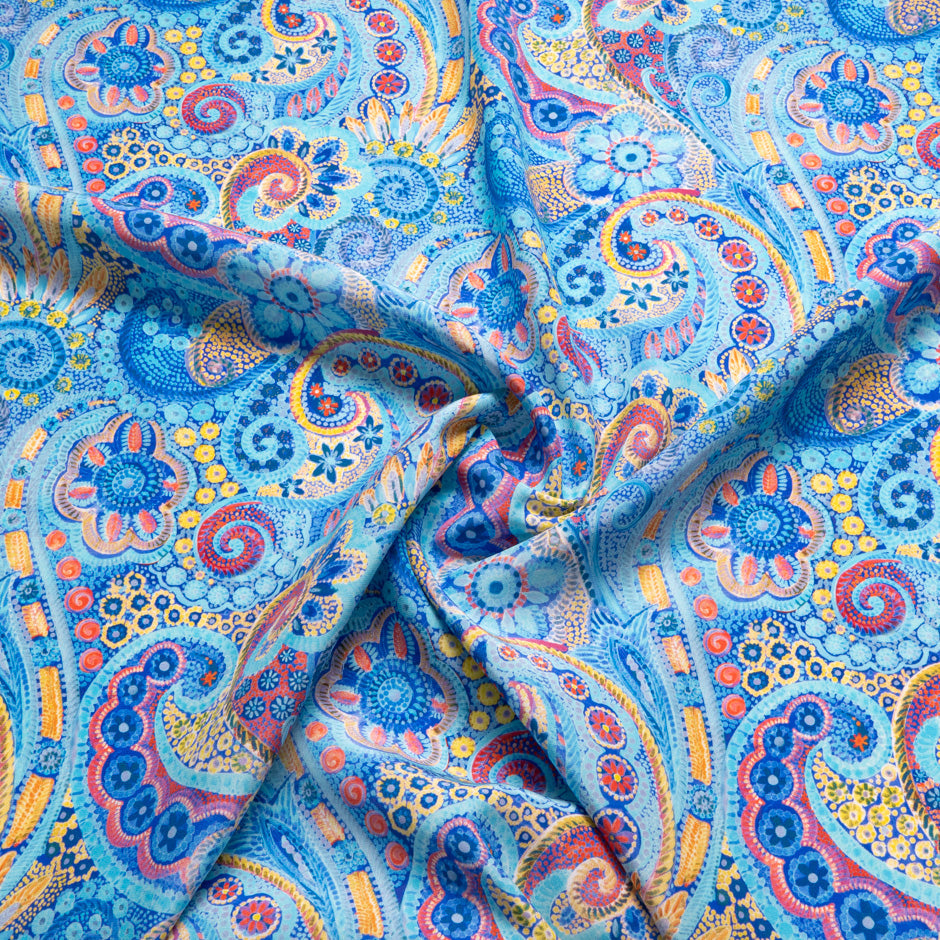 Blue Paisley & Floral Printed Silk Satin Charmeuse