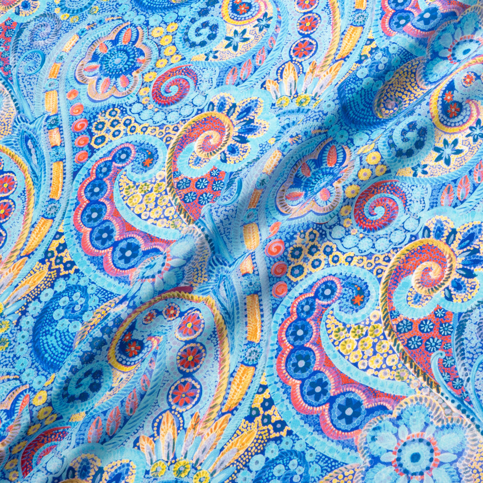 Blue Paisley & Floral Printed Silk Satin Charmeuse
