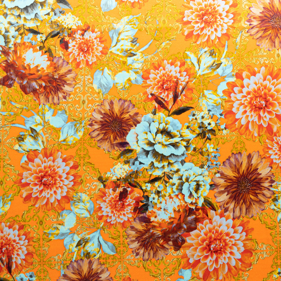 Floral & Geo Printed Orange Silk Satin Charmeuse