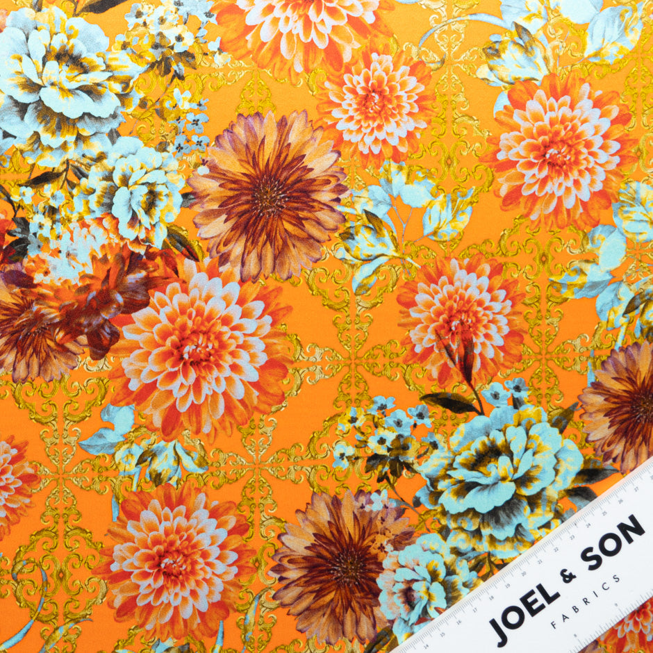 Floral & Geo Printed Orange Silk Satin Charmeuse