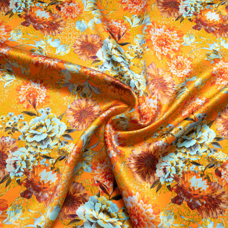 Floral & Geo Printed Orange Silk Satin Charmeuse