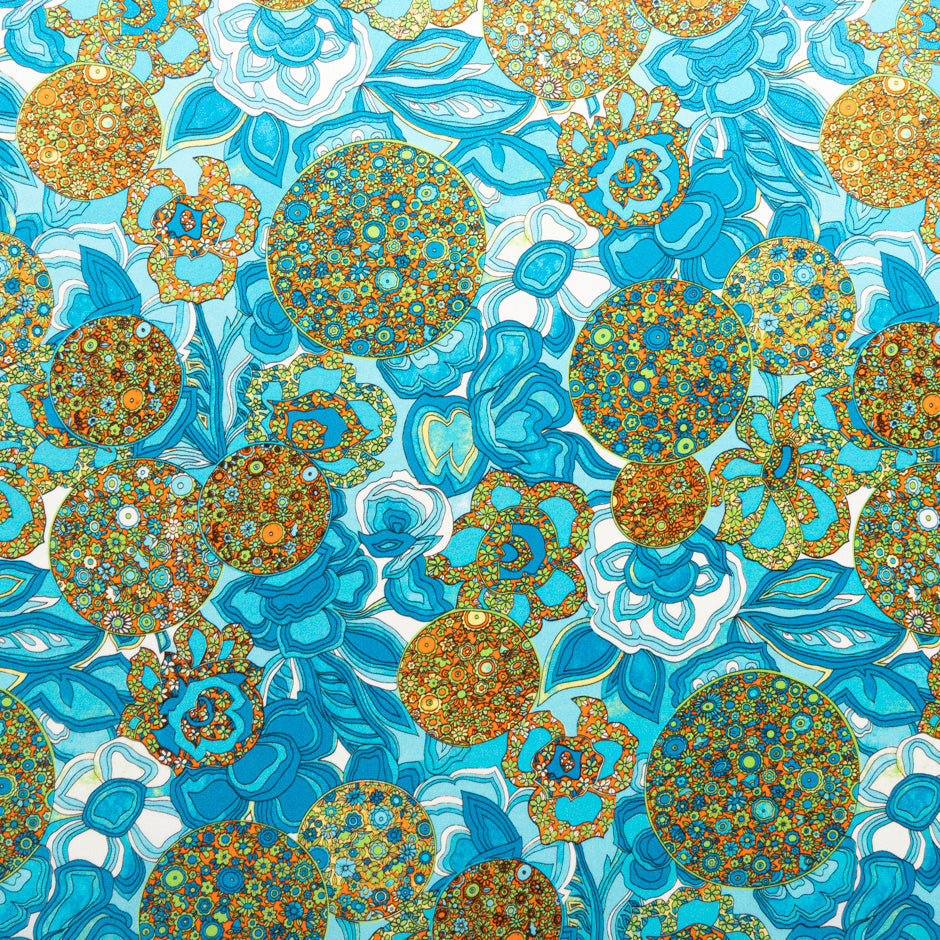 Blue & Orange Floral Printed Silk Satin Charmeuse