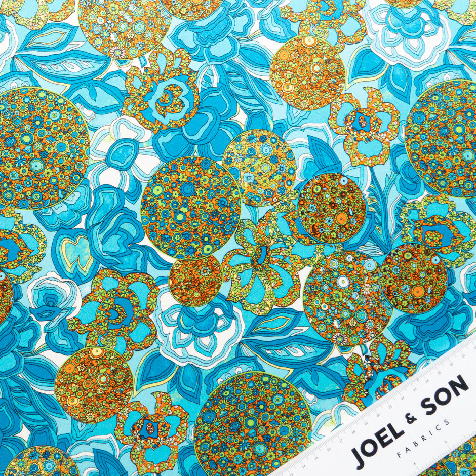 Blue & Orange Floral Printed Silk Satin Charmeuse