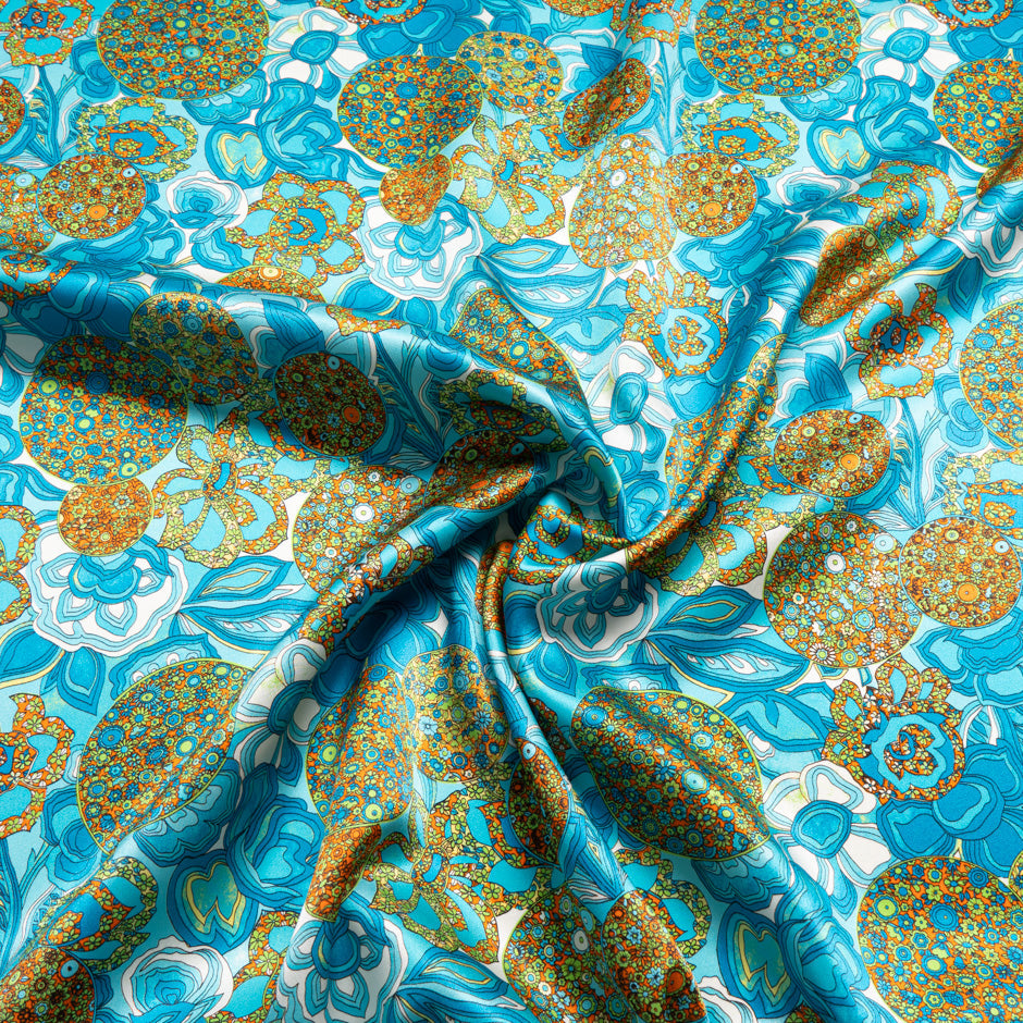 Blue & Orange Floral Printed Silk Satin Charmeuse