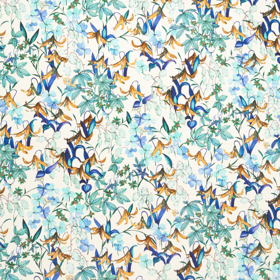 Blue & Aqua Floral Printed Silk Satin Charmeuse