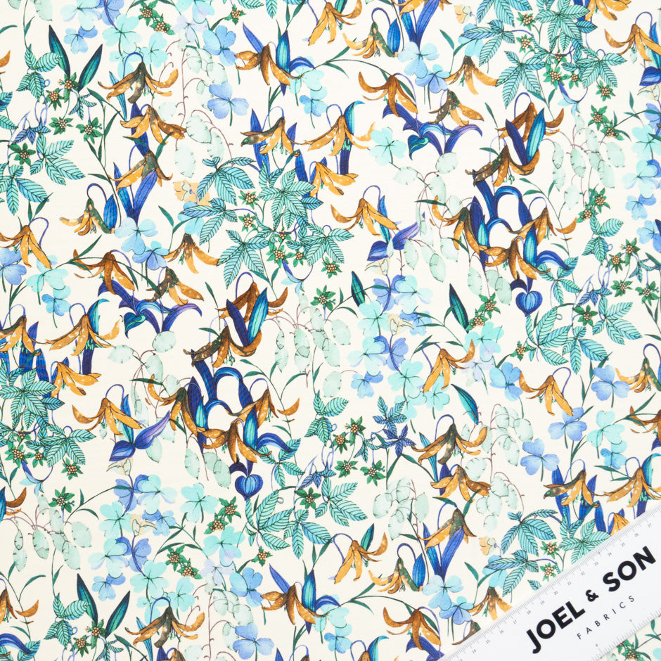 Blue & Aqua Floral Printed Silk Satin Charmeuse