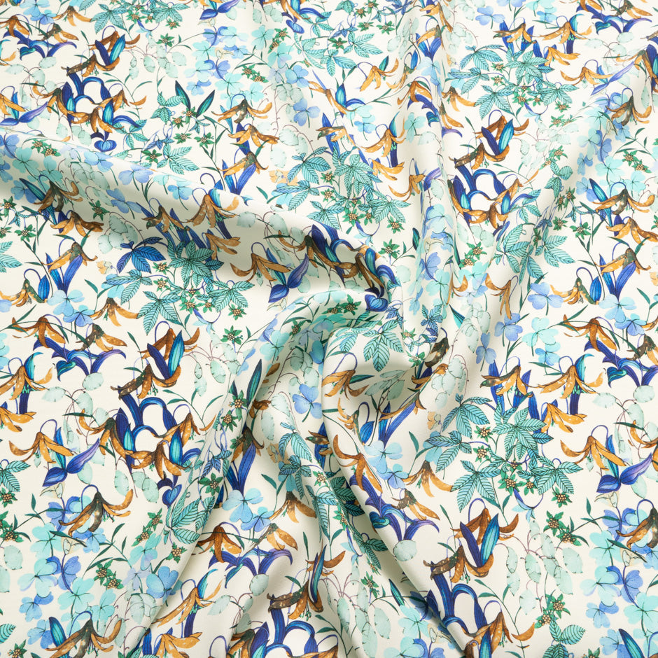 Blue & Aqua Floral Printed Silk Satin Charmeuse