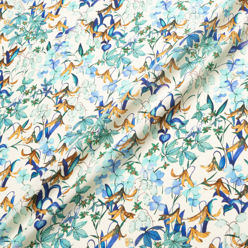 Blue & Aqua Floral Printed Silk Satin Charmeuse
