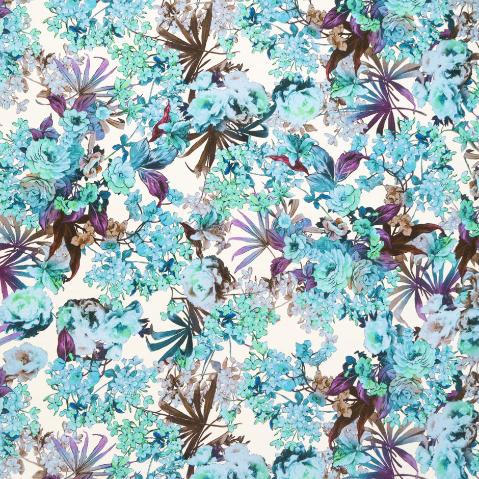 Purple & Blue Floral Printed Silk Satin Charmeuse
