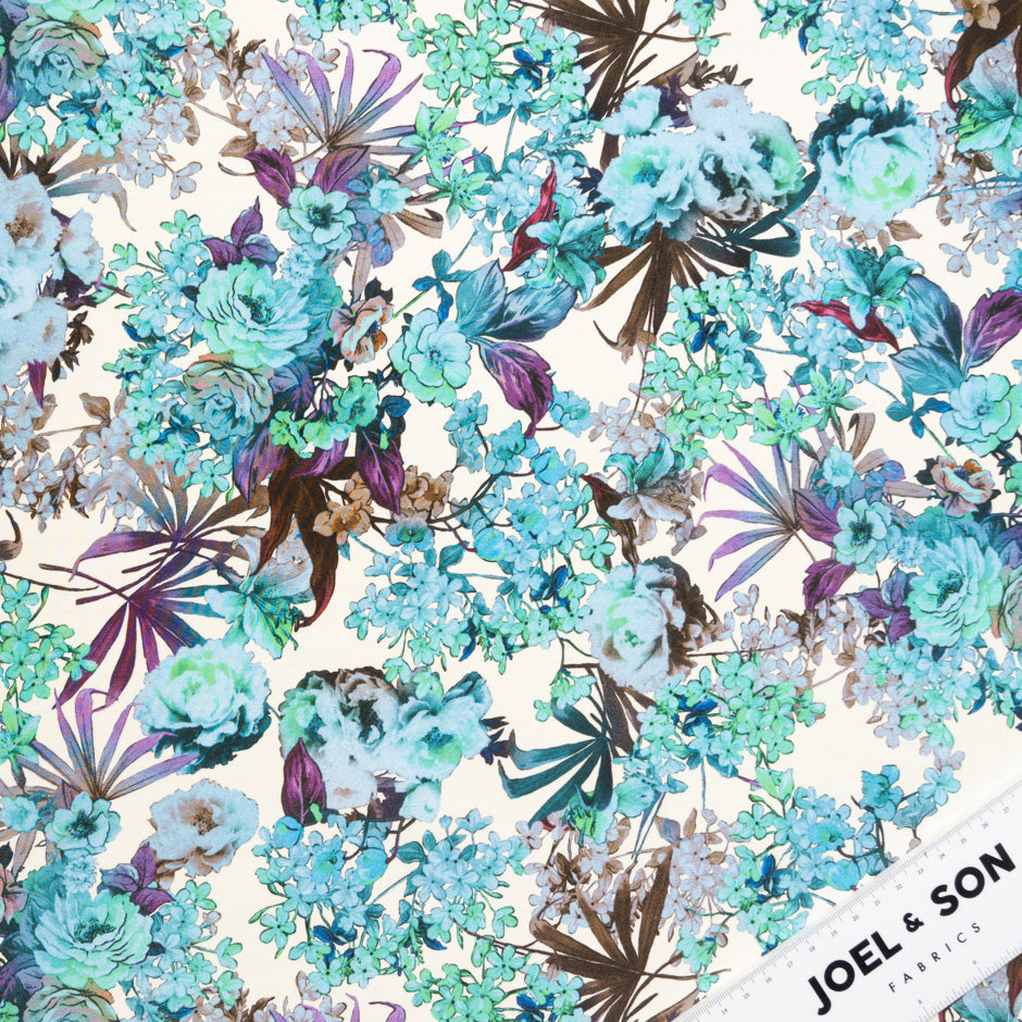 Purple & Blue Floral Printed Silk Satin Charmeuse