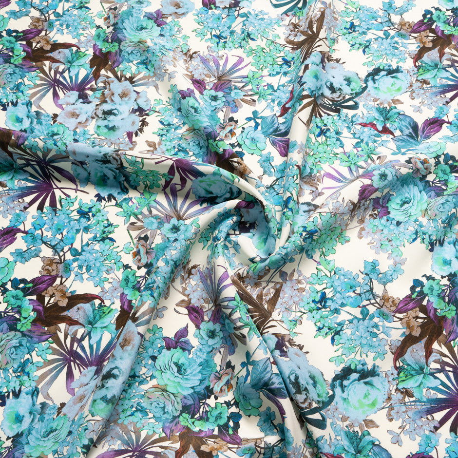 Purple & Blue Floral Printed Silk Satin Charmeuse