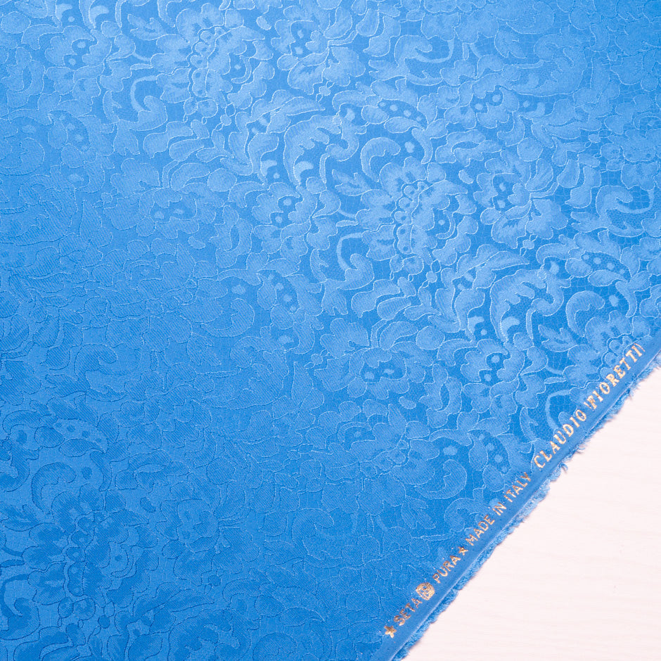 Rich Blue Floral Lace Jacquard Pure Silk