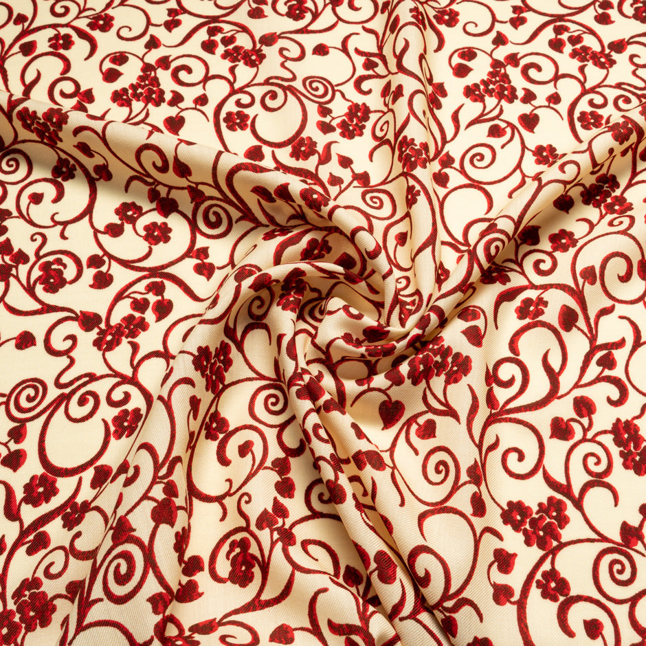 Red Floral Printed Cream Merino Wool