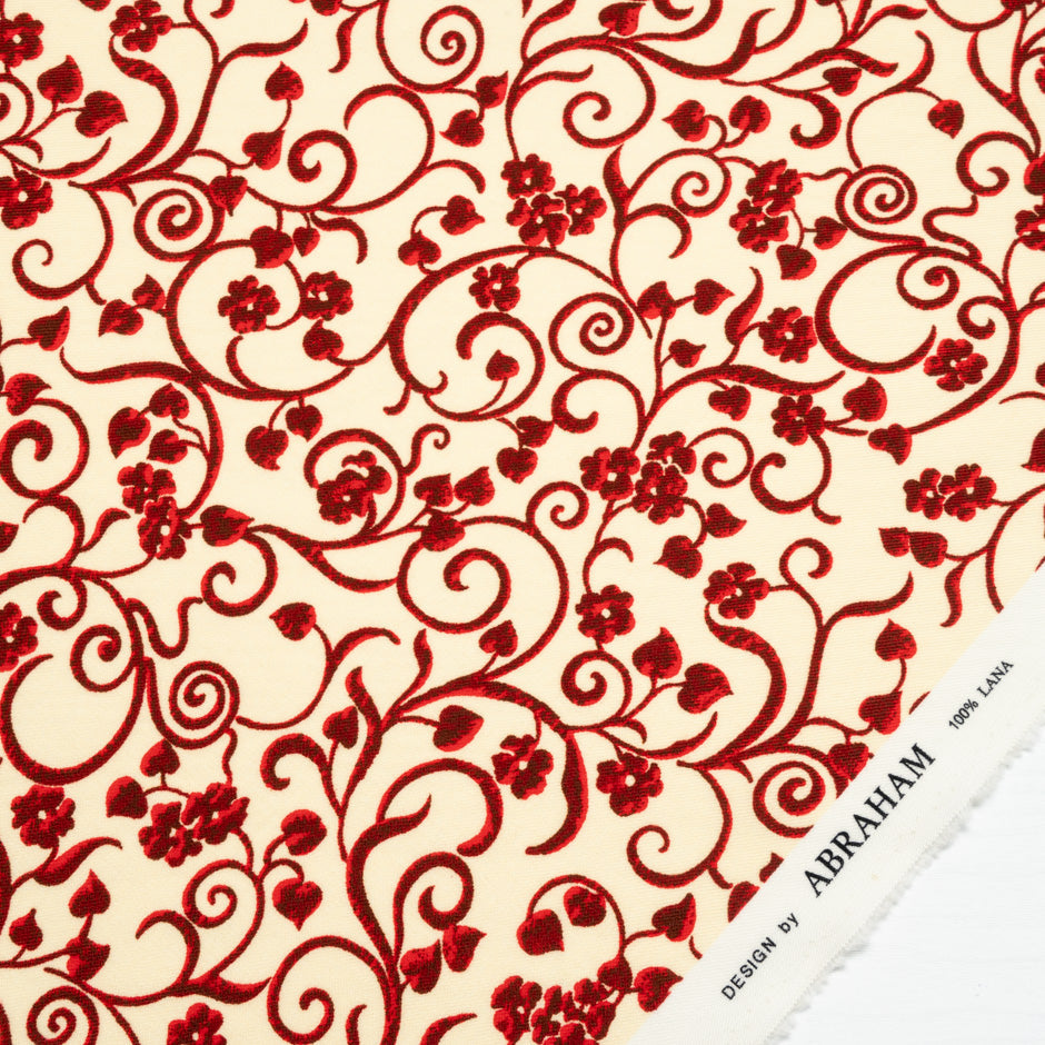 Red Floral Printed Cream Merino Wool