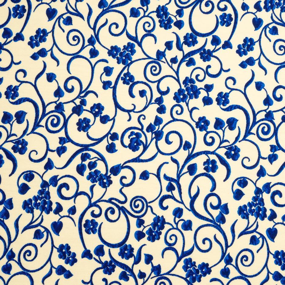 Blue Floral Printed Cream Merino Wool