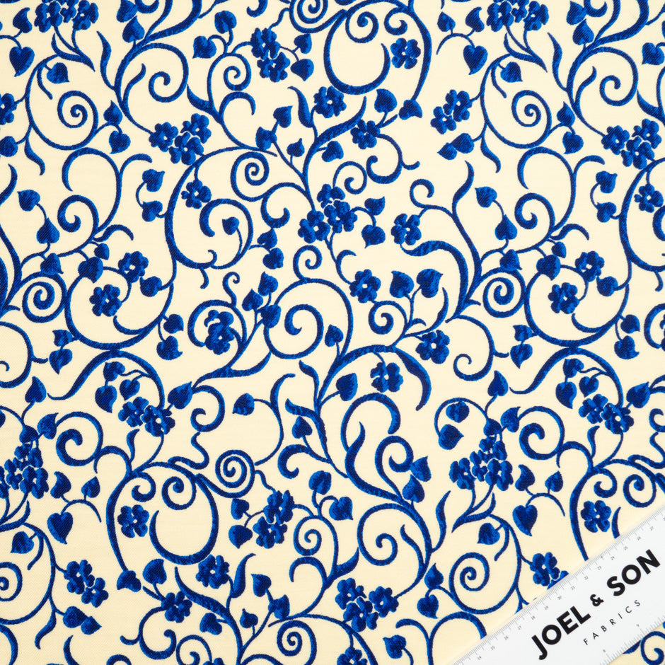 Blue Floral Printed Cream Merino Wool