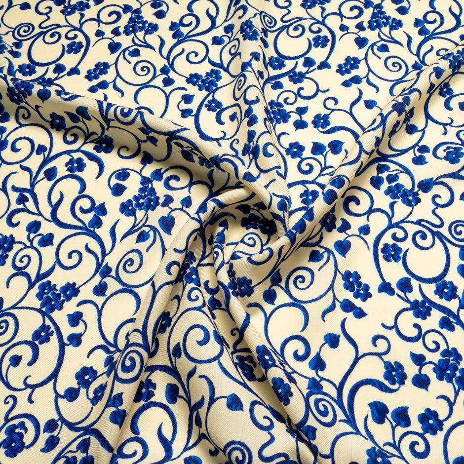 Blue Floral Printed Cream Merino Wool