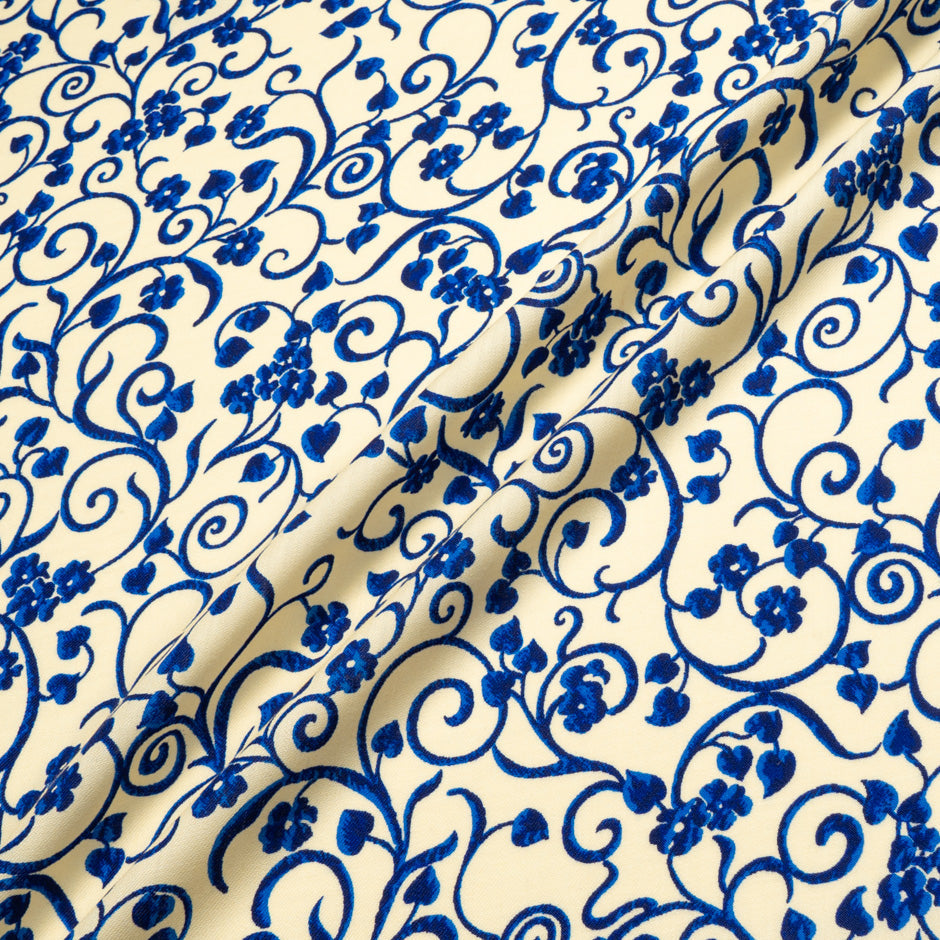 Blue Floral Printed Cream Merino Wool
