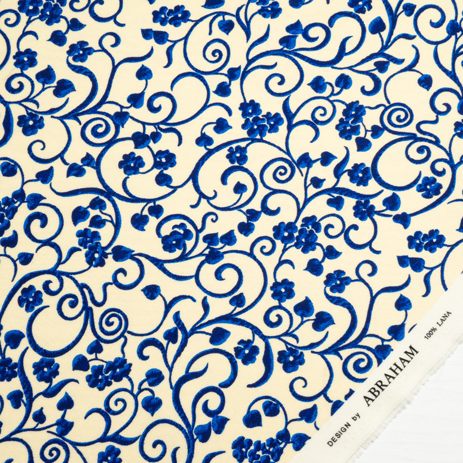Blue Floral Printed Cream Merino Wool