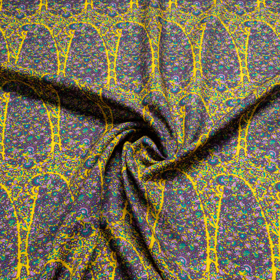 Purple Floral Printed Yellow Merino Wool