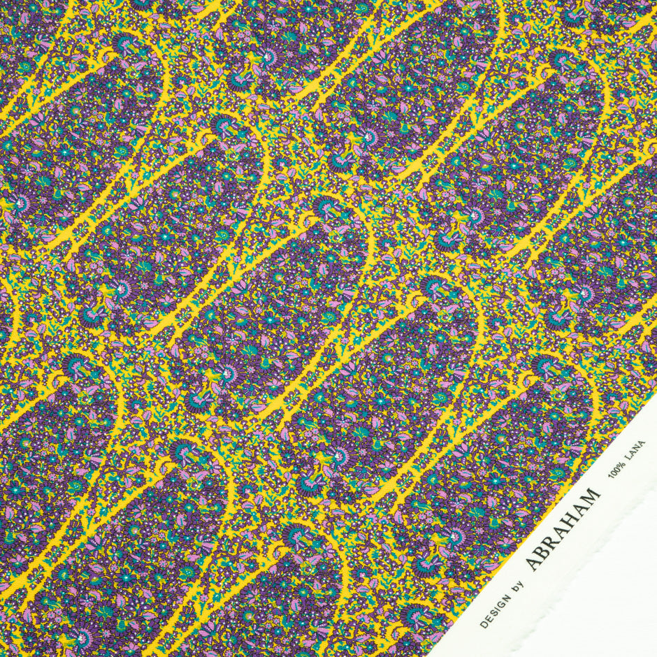 Purple Floral Printed Yellow Merino Wool