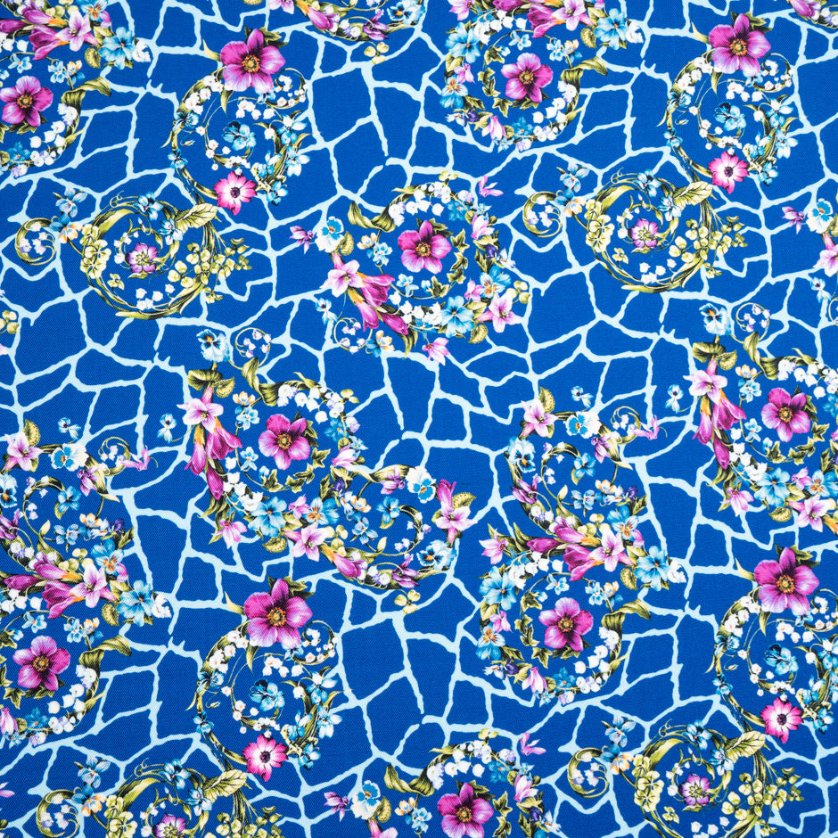 Floral Printed Royal Blue Merino Wool
