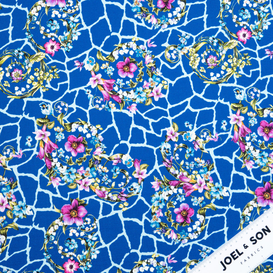 Floral Printed Royal Blue Merino Wool