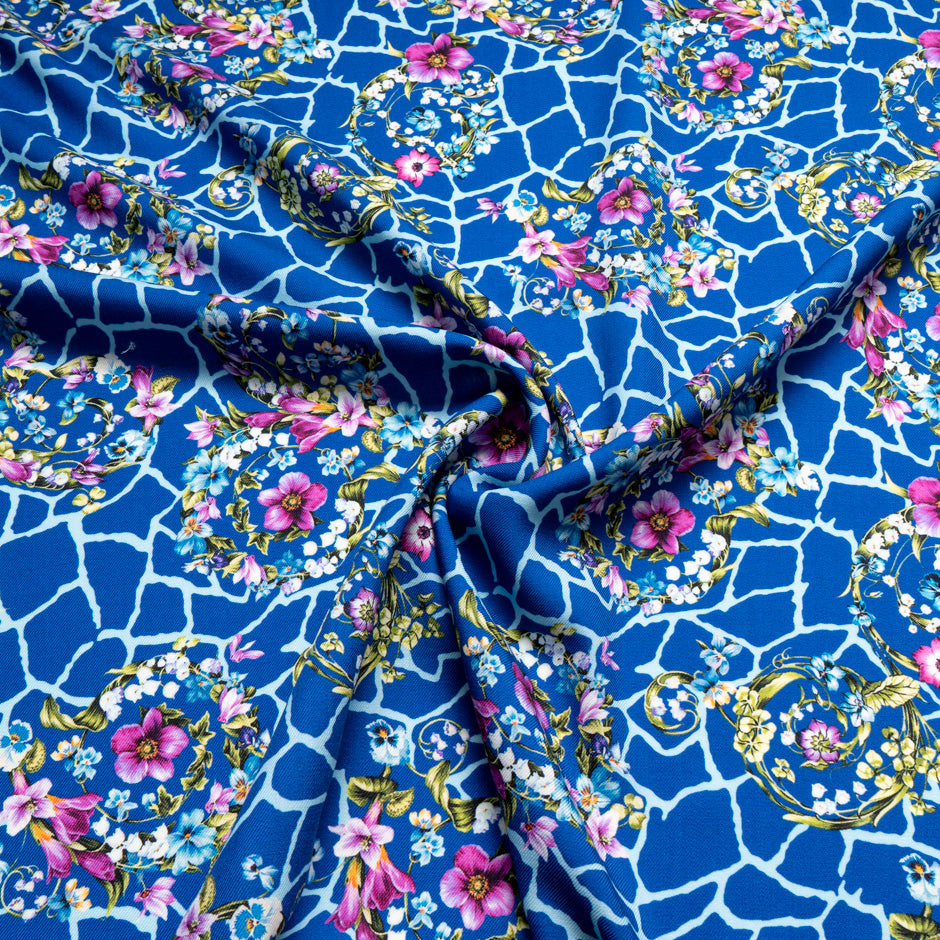 Floral Printed Royal Blue Merino Wool