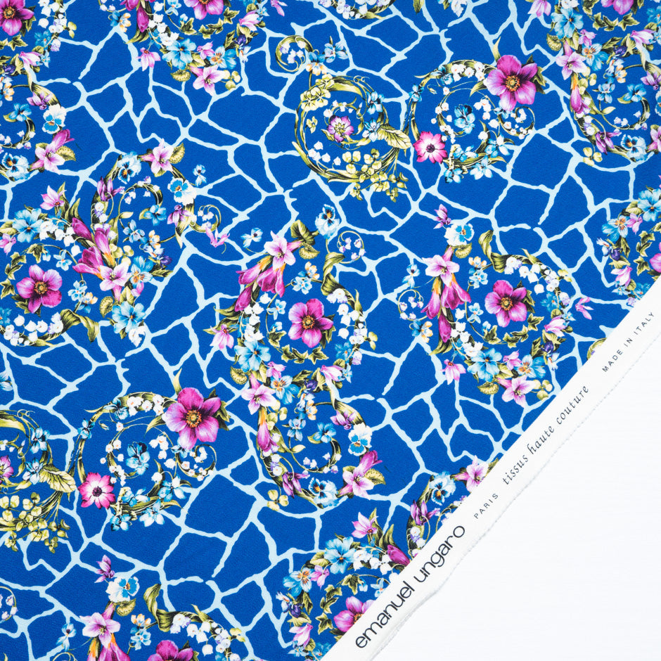 Floral Printed Royal Blue Merino Wool