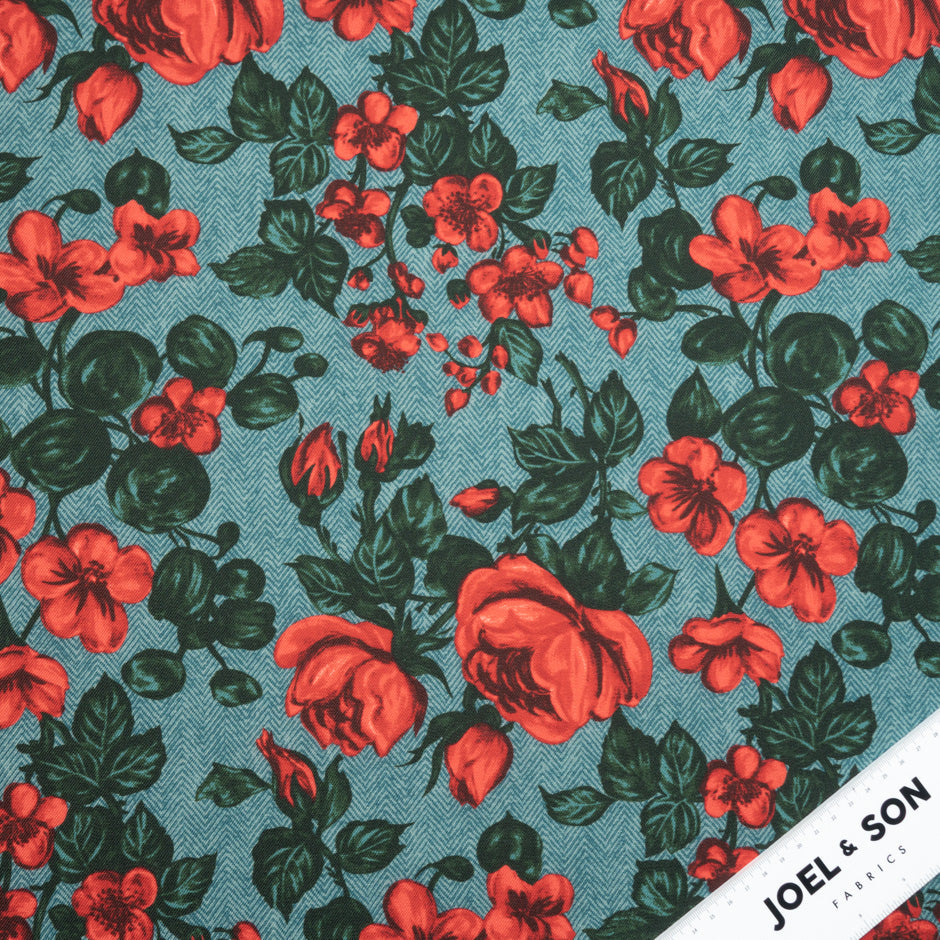 Red Rose Green Tweed Printed Merino Wool