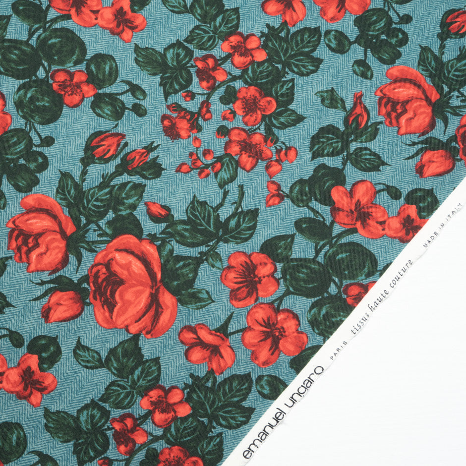 Red Rose Green Tweed Printed Merino Wool