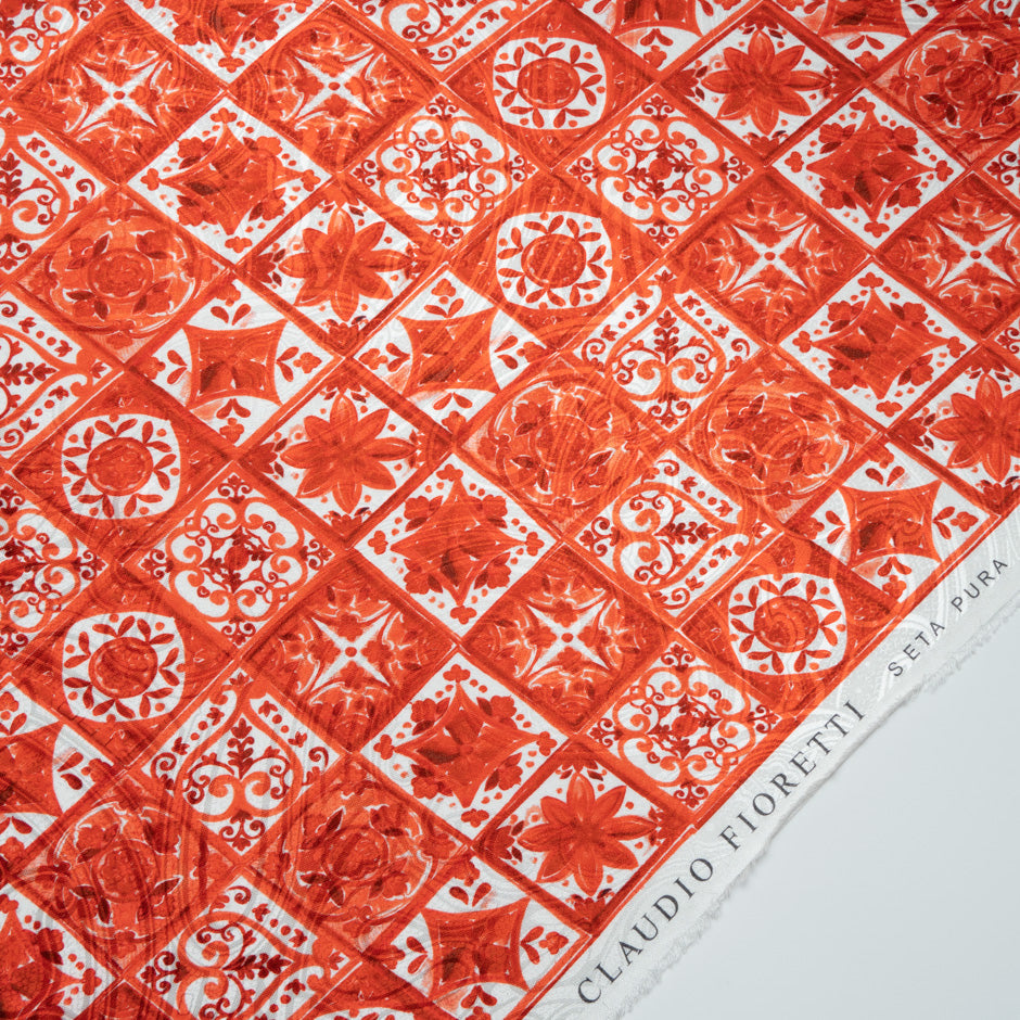 Ruby Red 'Tile' Printed Silk Jacquard