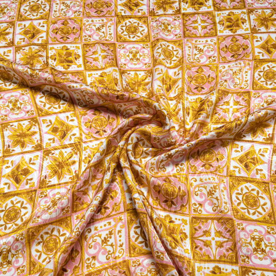 Pink & Mustard 'Tile' Printed Silk Jacquard