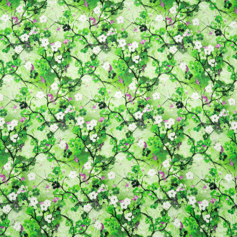 Magenta Floral Printed Green Pure Silk Jacquard