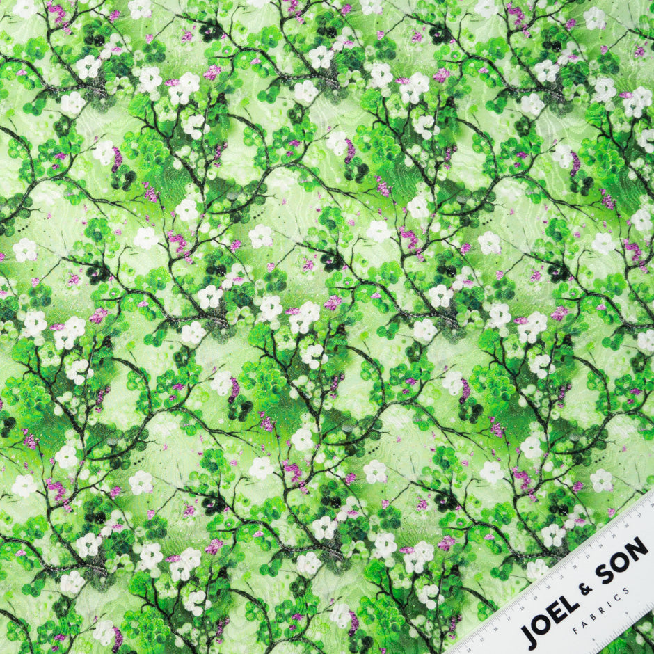 Magenta Floral Printed Green Pure Silk Jacquard