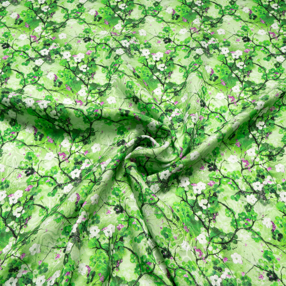 Magenta Floral Printed Green Pure Silk Jacquard