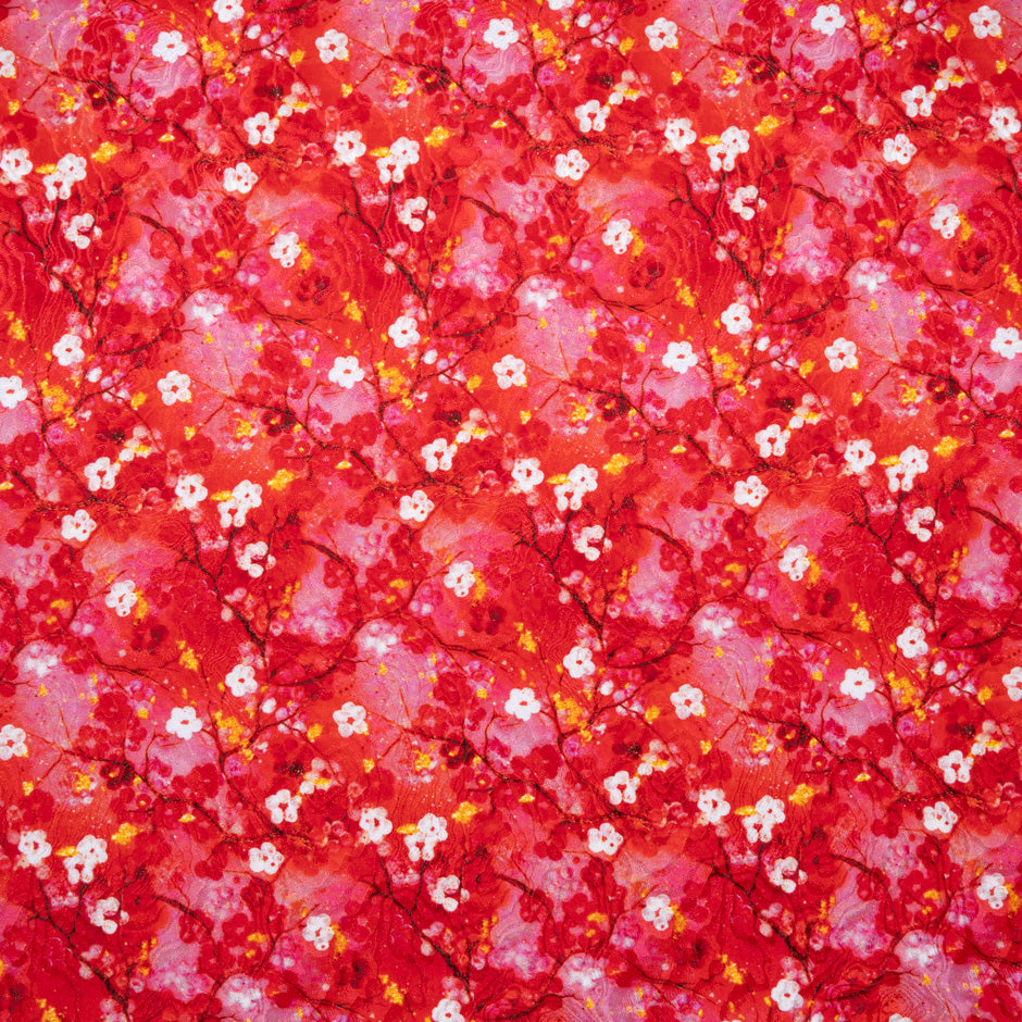 Petite Yellow Floral Printed Red Pure Silk Jacquard
