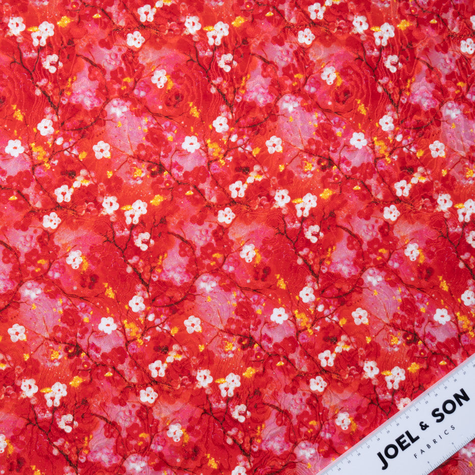 Petite Yellow Floral Printed Red Pure Silk Jacquard