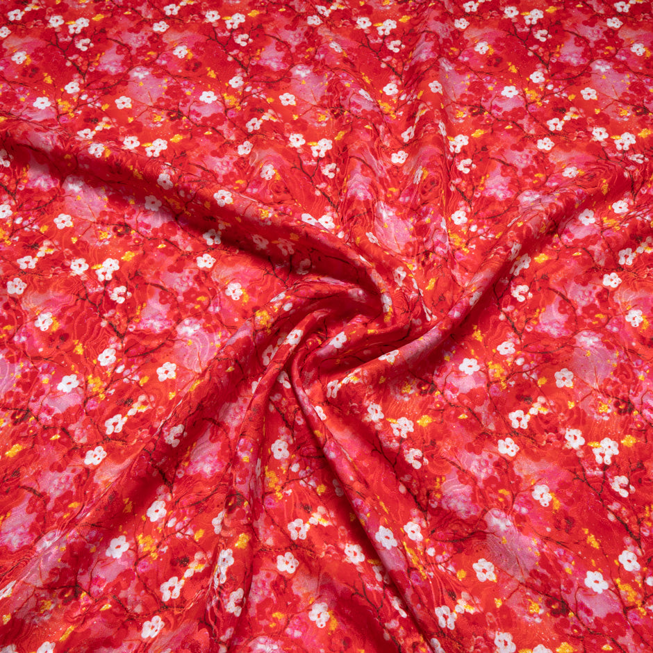 Petite Yellow Floral Printed Red Pure Silk Jacquard