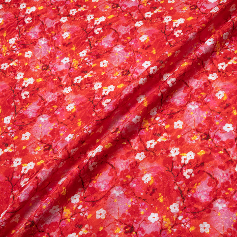 Petite Yellow Floral Printed Red Pure Silk Jacquard