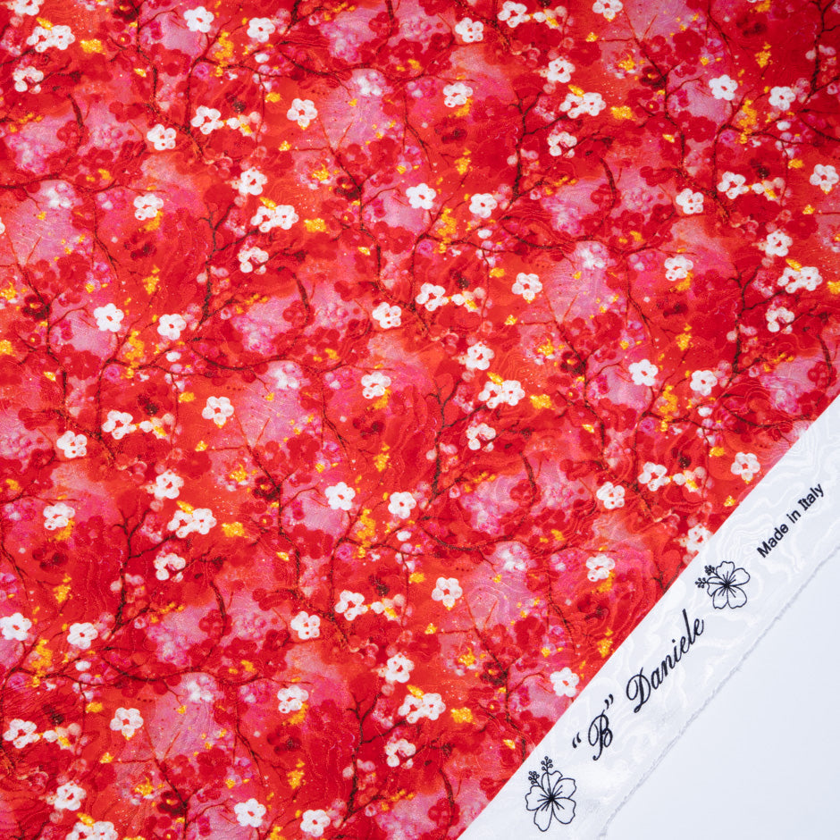 Petite Yellow Floral Printed Red Pure Silk Jacquard