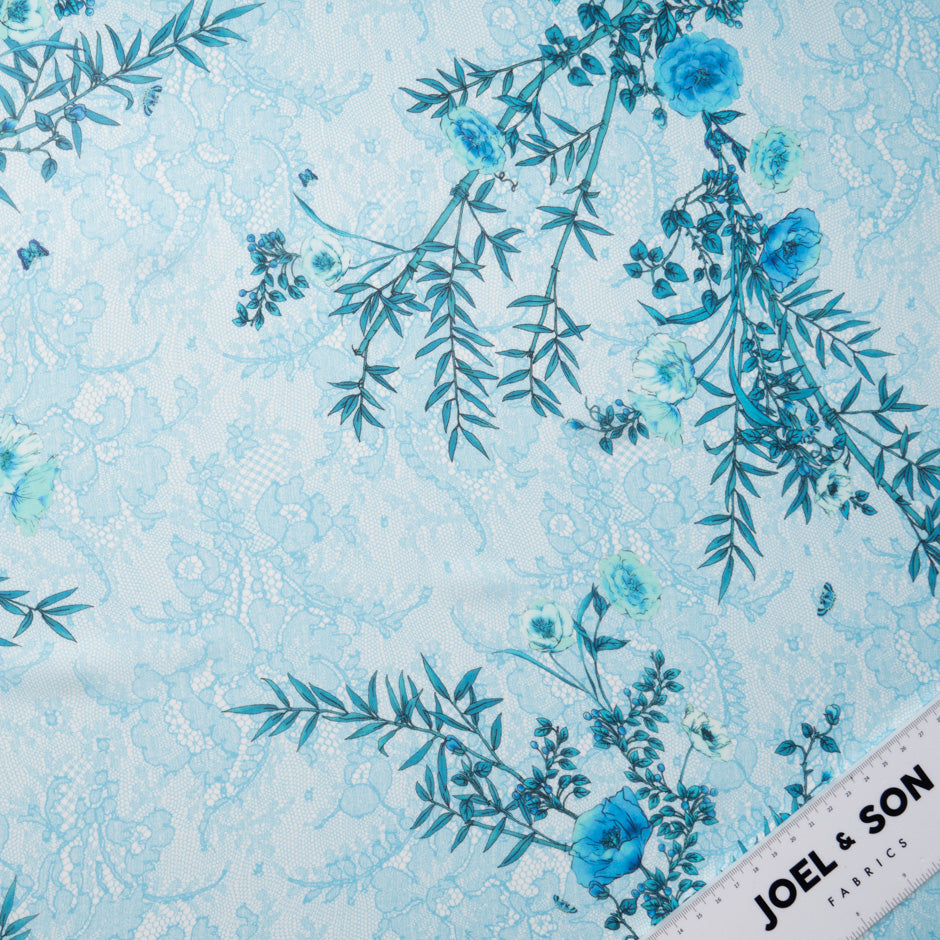 Blue Floral Printed Blue Lace Pure Silk Chiffon