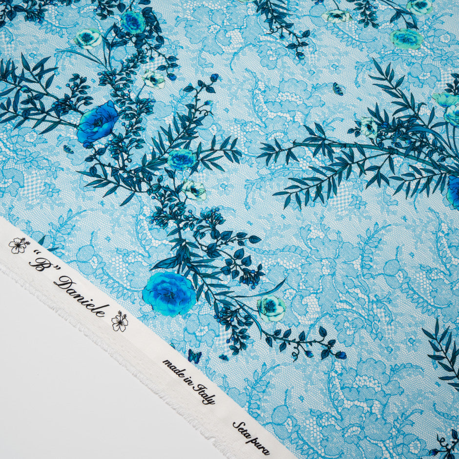 Blue Floral Printed Blue Lace Double Silk Crêpe