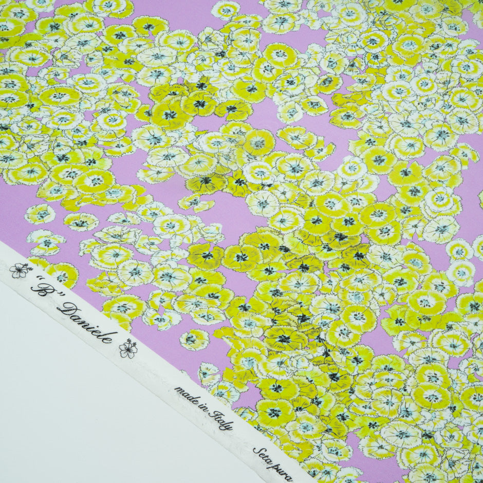 Green Floral Printed Lilac Pure Silk Chiffon