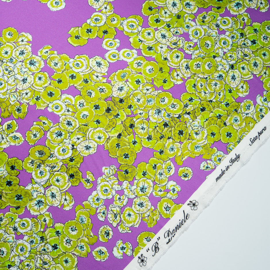 Green Floral Printed Lilac Double Silk Crêpe