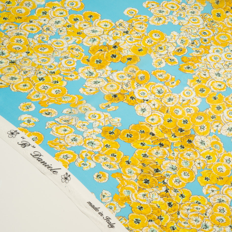 Yellow Floral Printed Sky Blue Pure Silk Chiffon