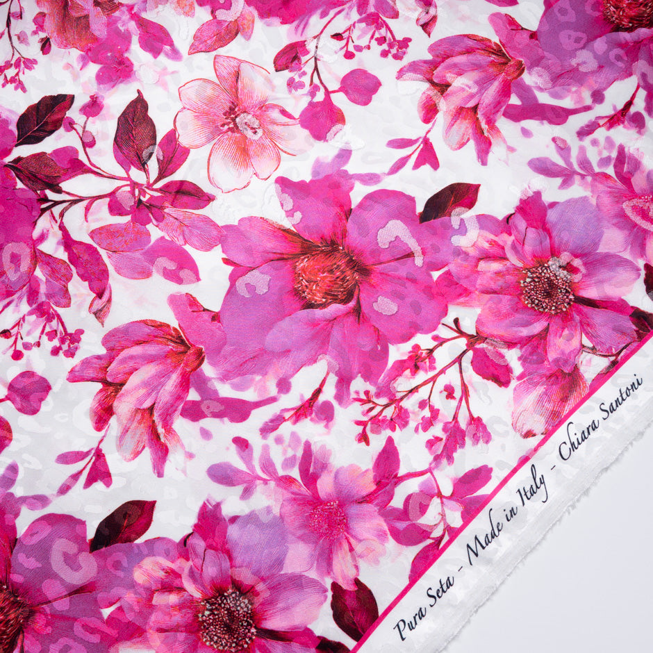 Large Pink Floral Printed Metallic Silk Jacquard