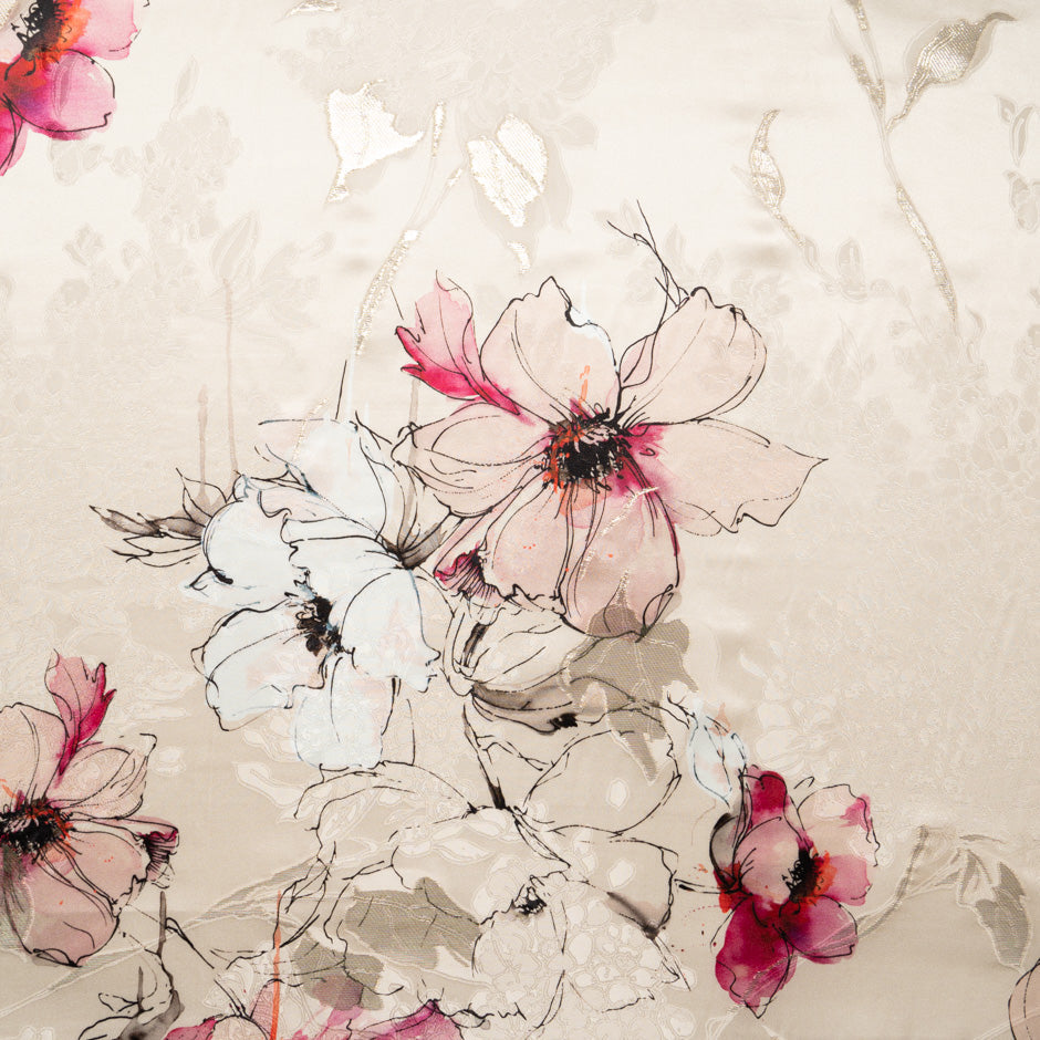 'Sketched' Floral Printed Metallic Silk Satin Jacquard