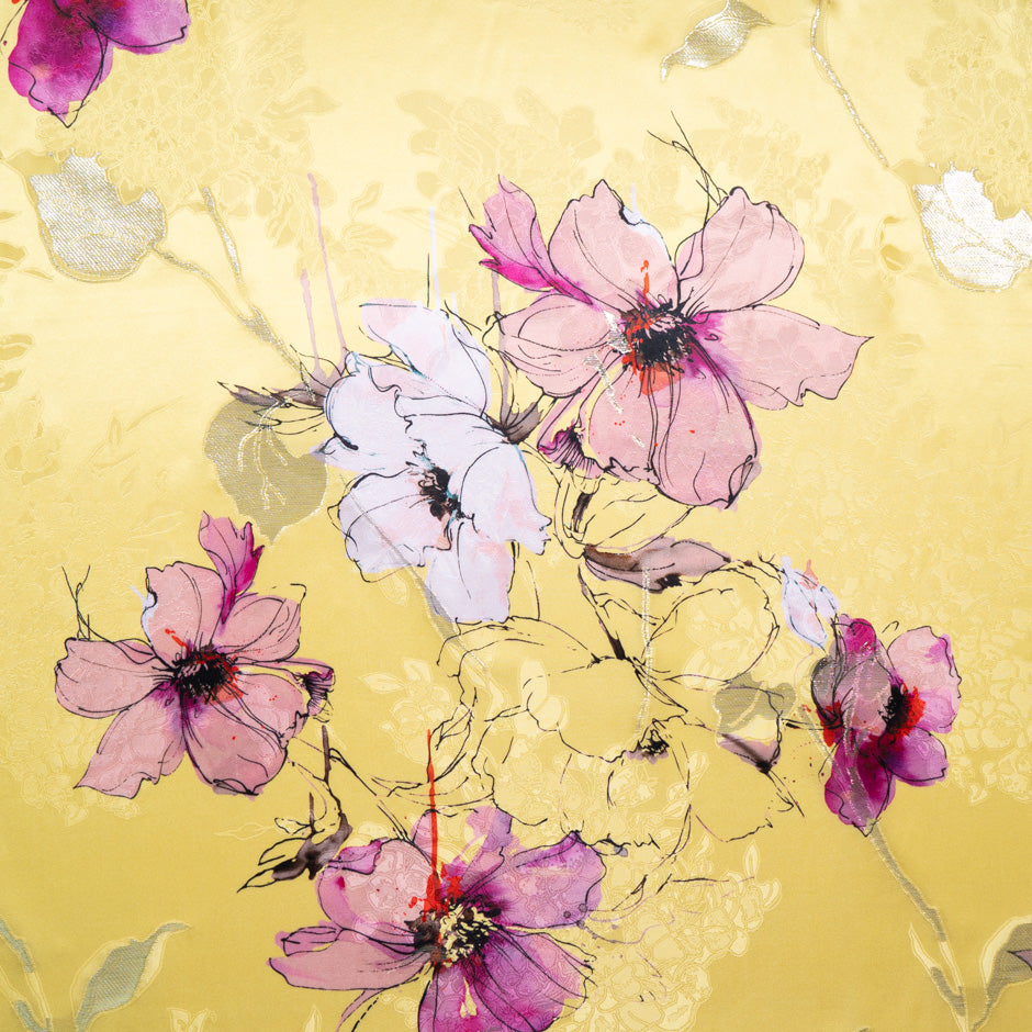 Pink Floral Printed Metallic Silk Satin Jacquard